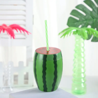 Novelty 600ML plastic straw cups yard cups BPA FREE watermelon shape juice cup for summer party