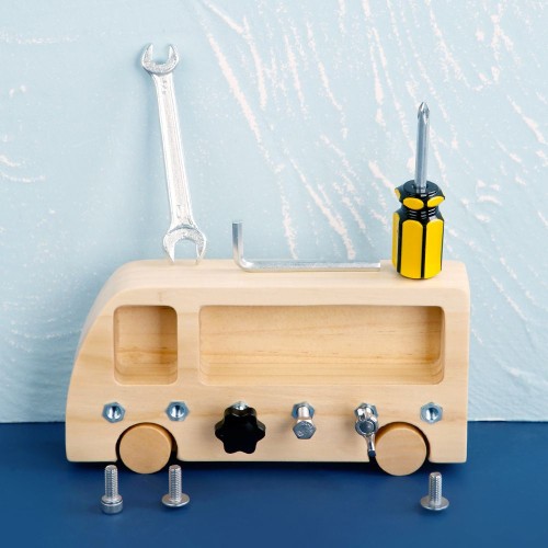 DIY Montessori Toddlers Early Educational Kids Car Toy Wooden Screwing Driver Board Busy Bus