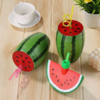 Novelty 600ML plastic straw cups yard cups BPA FREE watermelon shape juice cup for summer party