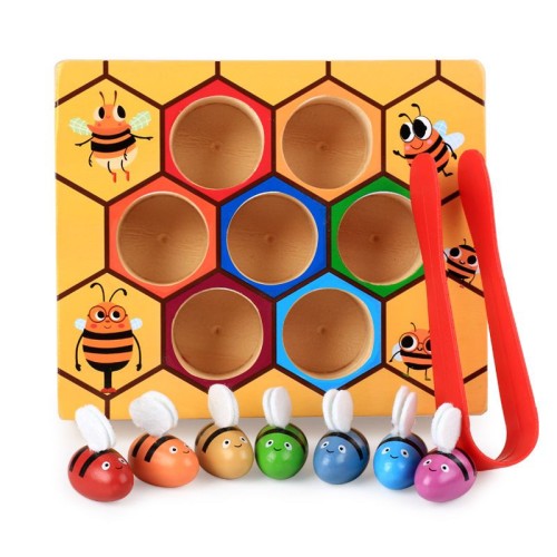Montessori Wooden Color Sorting Puzzle Clamp Bee to Hive Matching Game
